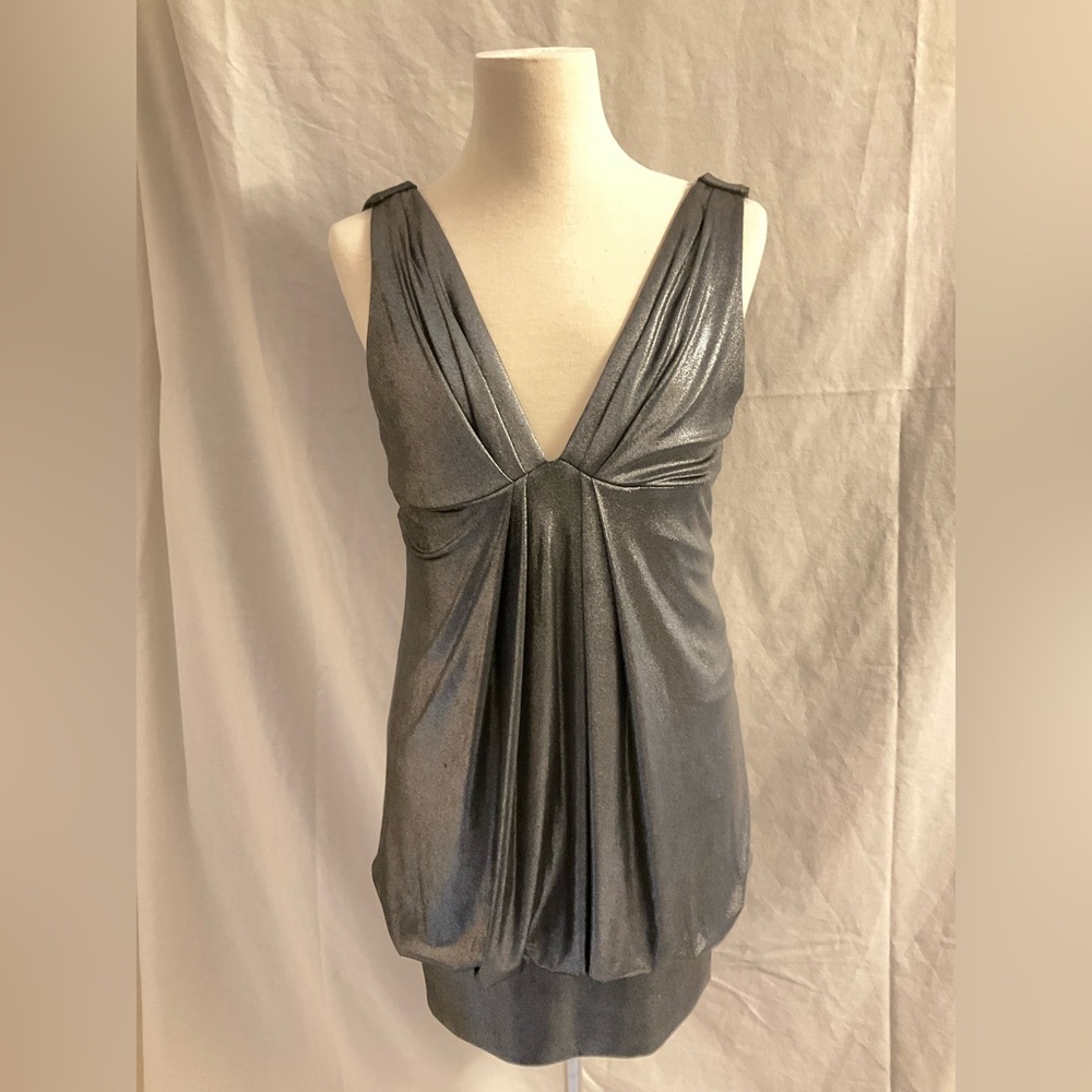 ABS Allen Schwartz Liquid Pewter Shimmer Drape Backless Stretch Dress - Size S